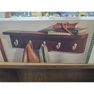 Dark Brown Solid‎ Wood Wall Mounted Coat Rack with Shelf, 5 Hooks - Kitchen